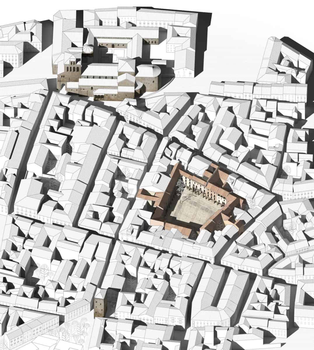 Axonometría general donde se muestra la ubicación de la Plaza Mayor Jaca