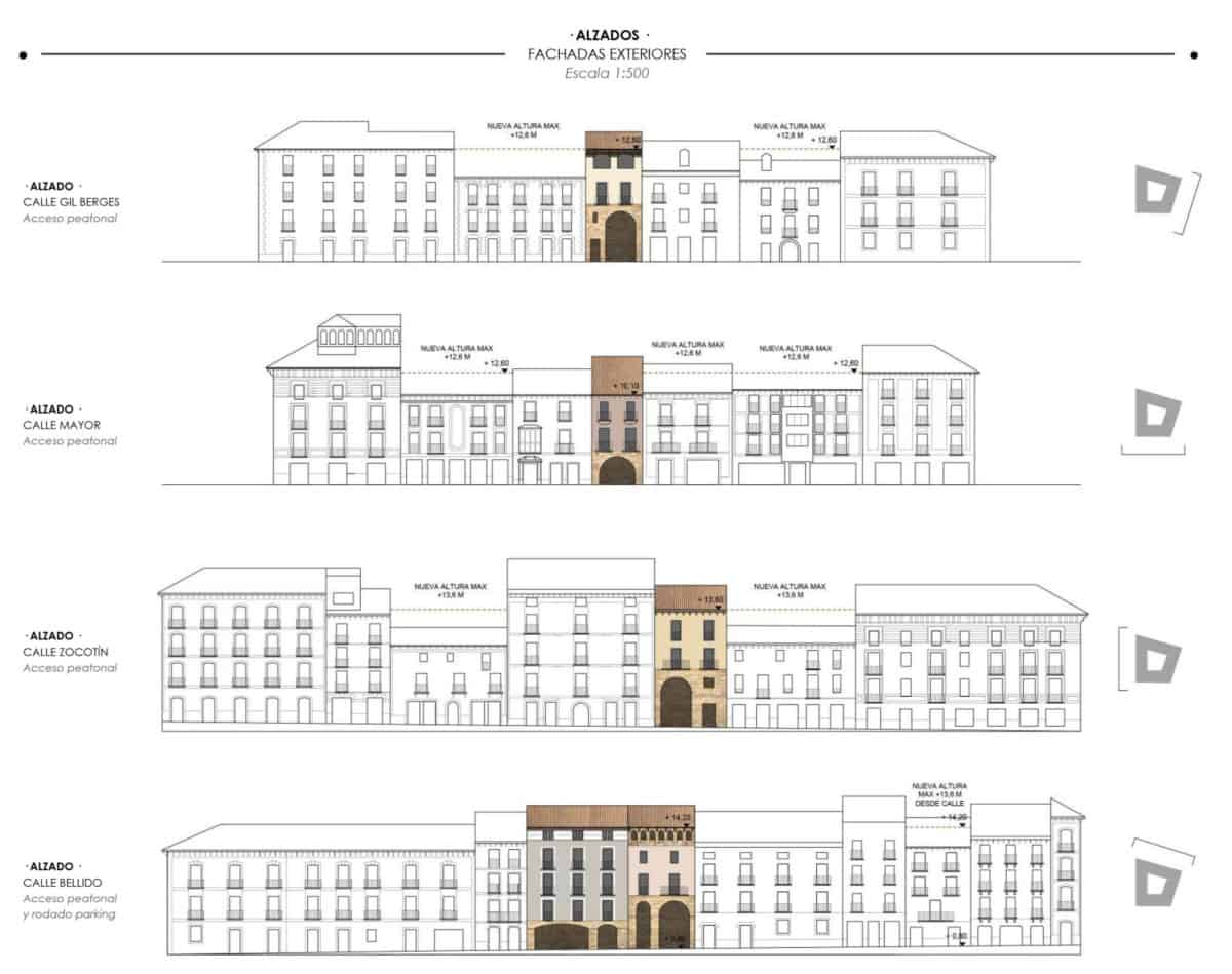 Alzados exteriores de la Plaza Mayor Jaca a las calles perimetrales