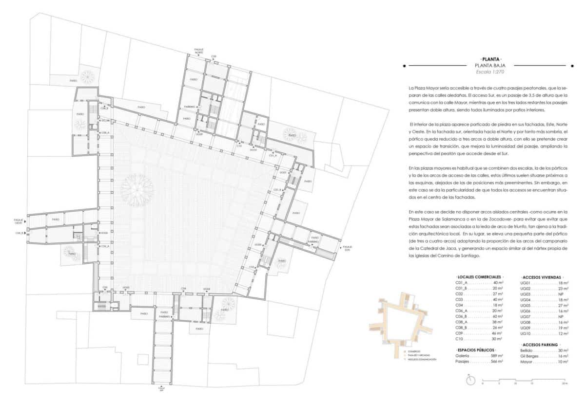 Planta baja donde se muestran los accesos mediante pasajes, nucleos de comunicación y comercios alrededor de los pórticos de la Plaza Mayor Jaca