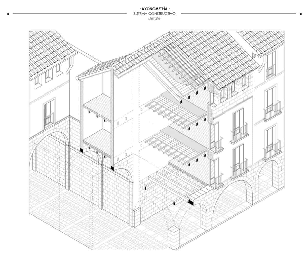 Axonometría constructiva de un fragmento de la Plaza Mayor Jaca