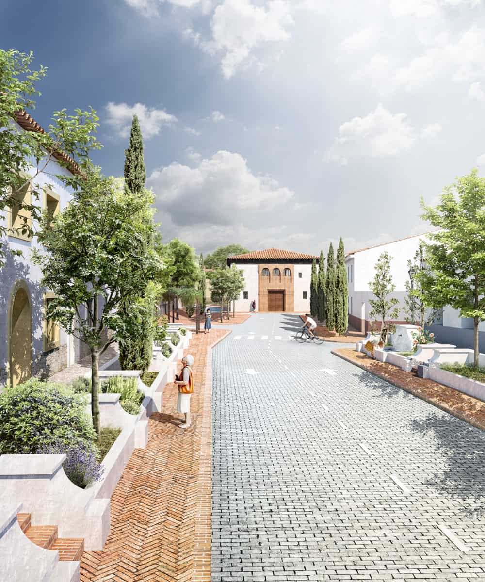 Vista de la Avenida Piedad Colón tras la intervención urbana, donde aparece el nuevo arbolado y organización con parterres en doble nivel. Al fondo se ve el nuevo Centro de Mayores