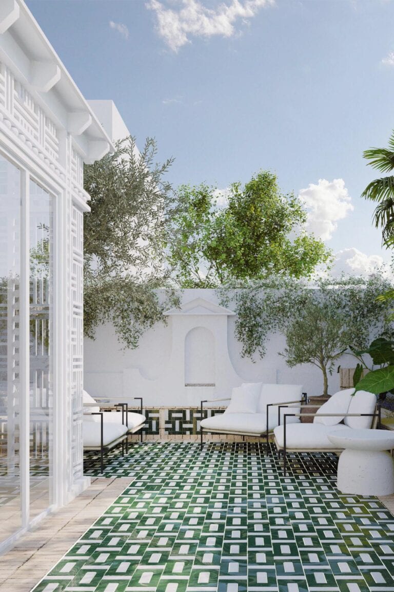 Imagen del patio exterior del proyecto de vivienda unifamiliar Pardo Bazán en la Colonia Primo de Rivera,