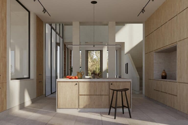 VISTA DE LA ISLA Y COCINA DE LA CASA ROBLE EN MADRID DE JIMENEZ LINARES