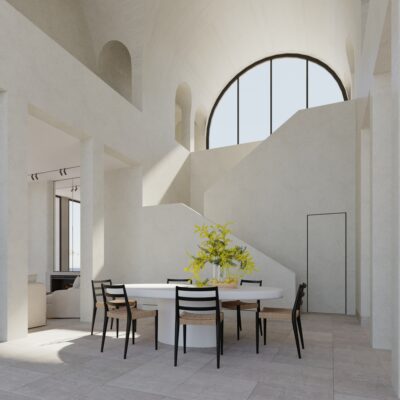 VISTA INTERIOR DEL COMEDOR A DOBLE ALTURA DE LA CASA ROBLE EN MADRID DE JIMENEZ LINARES
