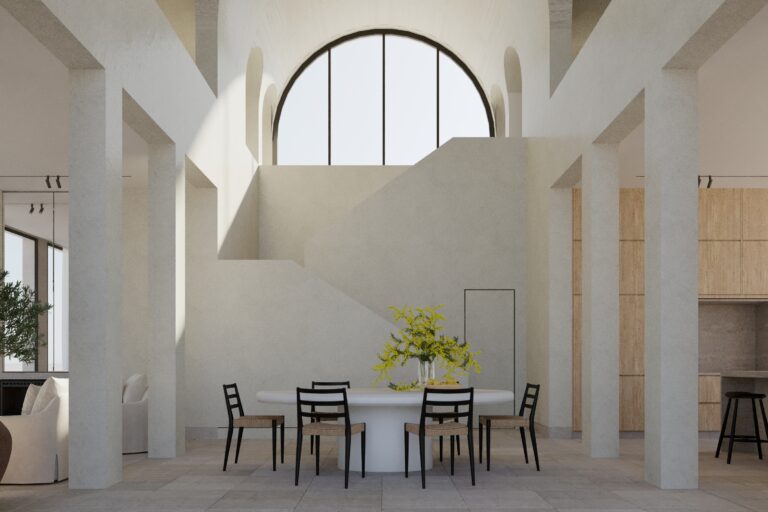 VISTA INTERIOR DEL COMEDOR A DOBLE ALTURA DE LA CASA ROBLE EN MADRID DE JIMENEZ LINARES