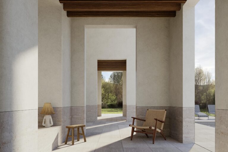 VISTA EXTERIOR DEL PORCHE EN ENFILADE DE LA CASA ROBLE EN MADRID DE JIMENEZ LINARES