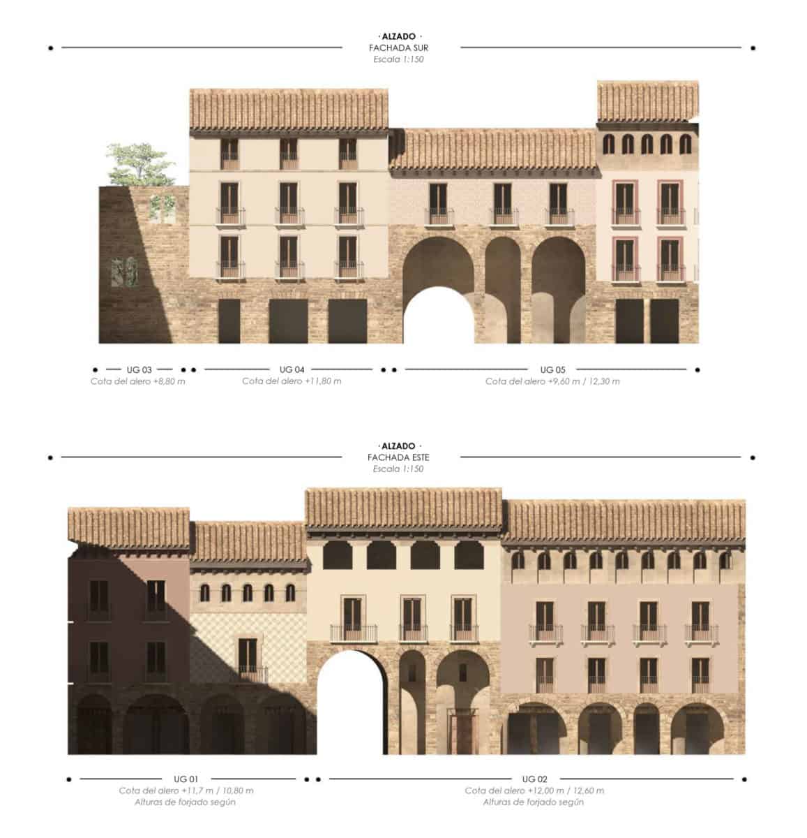 Alzados interiores fachadas sur y este de la Plaza Mayor de Jaca